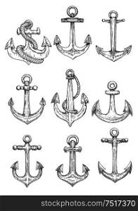 Vintage sailing ships admiralty anchors old fashioned engraving sketch icons entwined by ropes. Maybe use as yacht club symbol or nautical heraldic design. Vintage marine anchors with ropes sketch symbols