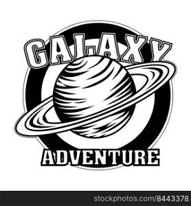 Vintage Saturn in round badge vector illustration. Monochrome planet with galaxy adventure text. Science and space exploration concept can be used for retro template, banner or poster