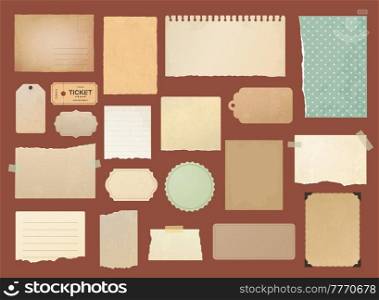 Vintage scrapbook torn paper, post card, notes, stickers, tags and tickets. Vector old paper pages and scraps of retro memo notebook, grunge labels and notepaper with stamp frames and corner stickers. Vintage scrapbook torn paper, post card, note, tag