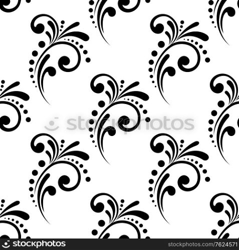 Vintage scrolling floral seamless pattern with a dainty black and white repeat motif in square format for textile and fabric design