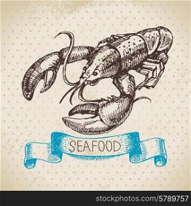 Vintage sea background. Hand drawn sketch seafood vector illustration of lobster