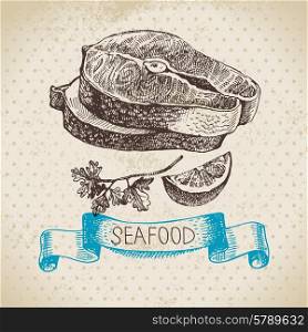 Vintage sea background. Hand drawn sketch seafood vector illustration of lobster fish pieces