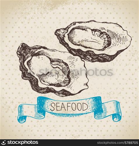 Vintage sea background. Hand drawn sketch seafood vector illustration of oysters