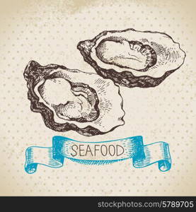 Vintage sea background. Hand drawn sketch seafood vector illustration of oysters