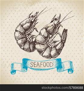 Vintage sea background. Hand drawn sketch seafood vector illustration of shrimps