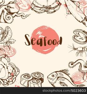 Vintage seafood menu background with octopus, crab, fish and sushi