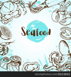 Vintage seafood menu background with octopus, crab, shrimp and sushi