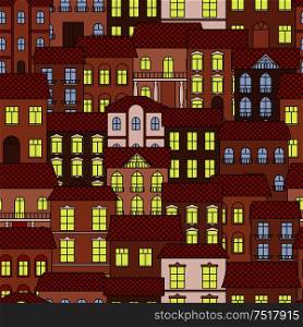 Vintage seamless architecture background with pattern of old part of a town at evening time with brown facades of houses and bright shining windows. Great for interior or real estate theme design. Vintage seamless architecture pattern background