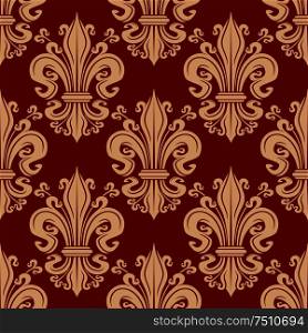 Vintage seamless beige fleur-de-lis floral pattern on red background, for heraldry or wallpaper interior design . Vintage seamless fleur-de-lis floral pattern