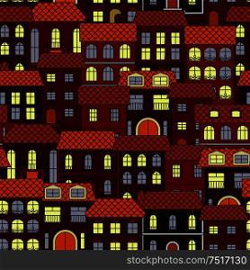 Vintage seamless cityscape background pattern with evening streets of old town, brown houses with shining windows, adorned by ornamental forging. Use as travel, architecture theme or wallpaper design. Vintage seamless cityscape background pattern