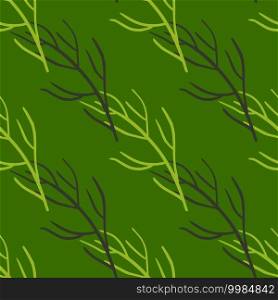 Vintage seamless doodle pattern with simple branches silhouettes print. Bright green background. Decorative backdrop for fabric design, textile print, wrapping, cover. Vector illustration.. Vintage seamless doodle pattern with simple branches silhouettes print. Bright green background.