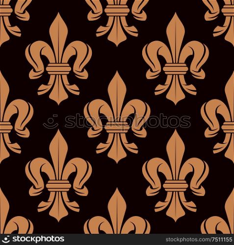 Vintage seamless floral pattern of french royal beige fleur-de-lis symbols over maroon background. Great for heraldic background or interior textile and accessories design. Floral pattern of french fleur-de-lis symbols