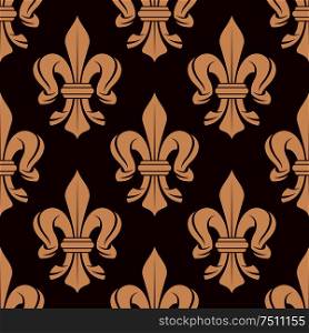 Vintage seamless floral pattern of french royal beige fleur-de-lis symbols over maroon background. Great for heraldic background or interior textile and accessories design. Floral pattern of french fleur-de-lis symbols