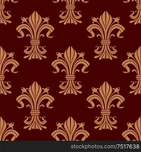 Vintage seamless pattern of decorative fleur-de-lis ornament with beige heraldic lily flowers with buds and victorian leaf scrolls on red background. Use as royal heraldry theme or interior design . Victorian fleur-de-lis seamless pattern background