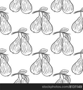  Vintage seamless pattern pear on branch. Black line sketch fruits on white background. Print for packaging and design vector illustration
