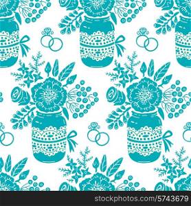 Vintage seamless pattern with a bouquet of flowers and wedding rings. Vector pattern.
