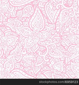 Vintage Seamless pattern with abstract flowers. Vintage floral pink background. Beautiful Elegant Ethnic Hand Drawn vintage wallpaper. Seamless pattern with abstract flowers