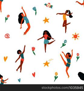 Vintage seamless pattern with beautiful dancing girls in different poses. Trendy design prints, textiles, etc.. Vintage seamless pattern with cute dancing girls
