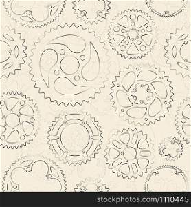 Vintage seamless pattern with black outlined gears and cogs on bright cream background. Retro vector illustration for banner, card or web decorations.. Cream seamless pattern with gears and cogs