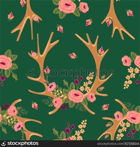 Vintage seamless pattern with deer antlers and flowers. Vector illustration.