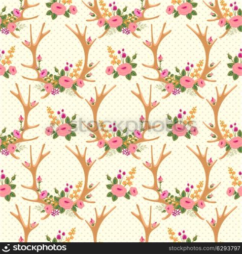 Vintage seamless pattern with deer antlers and flowers. Vector illustration.