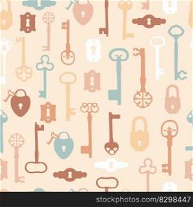Vintage seamless pattern with different antique keys and keyholes.. Vintage seamless pattern with different antique keys on pink