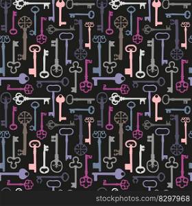 Vintage seamless pattern with different antique keys. Vintage seamless pattern with different antique color keys in on black background.