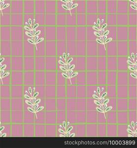 Vintage seamless pattern with doodle white leaf branches shapes. Pink chequered background. Simple style. Designed for fabric design, textile print, wrapping, cover. Vector illustration.. Vintage seamless pattern with doodle white leaf branches shapes. Pink chequered background. Simple style.