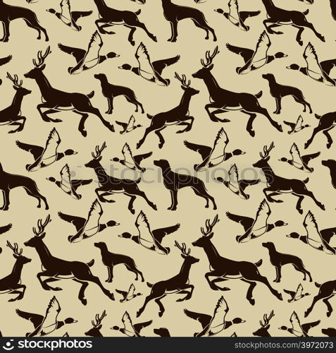 Vintage seamless pattern with ducks, deers and hound. Vector illustration. Vintage seamless pattern ducks, deers