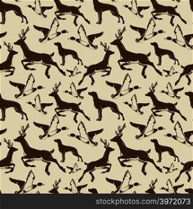 Vintage seamless pattern with ducks, deers and hound. Vector illustration. Vintage seamless pattern ducks, deers