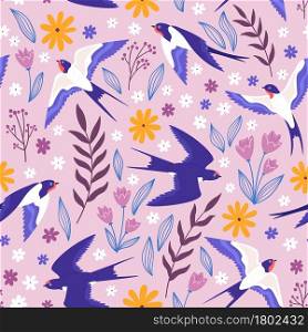Vintage seamless pattern with flying swallows, flowers and plants. Rural meadow print with birds and leaves. Vector cottage core wallpaper. Illustration of seamless pattern with swallow. Vintage seamless pattern with flying swallows, flowers and plants. Rural meadow print with birds and leaves. Vector cottage core wallpaper