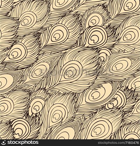 Vintage seamless pattern with hand drawn peackock feathers. Cartoon ethnic vector Feathers seamless pattern
