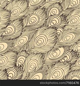 Vintage seamless pattern with hand drawn peackock feathers. Cartoon ethnic vector Feathers seamless pattern