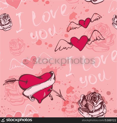 Vintage seamless pattern with hearts for Valentine&rsquo;s day