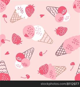 Vintage seamless pattern with ice cream and berries. Retro groovy print for fabric, paper, T-shirt. Aesthetic vector background for decor and design.