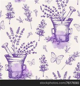 Vintage seamless pattern with lavender flowers and butterflies. Spa and aromatherapy ingredients. Hand drawn vector background