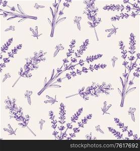 Vintage seamless pattern with lavender flowers. Spa and aromatherapy ingredients. Hand drawn vector background