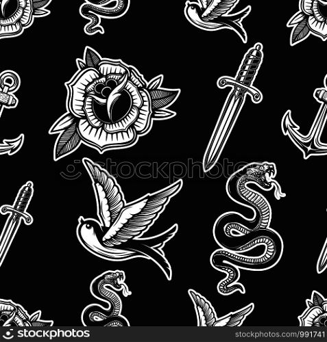 Vintage seamless pattern with snakes, swallows, knives, roses. Vector illustration
