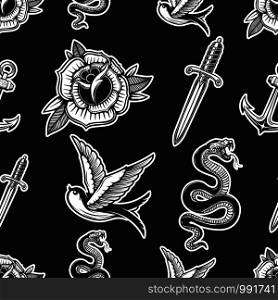 Vintage seamless pattern with snakes, swallows, knives, roses. Vector illustration