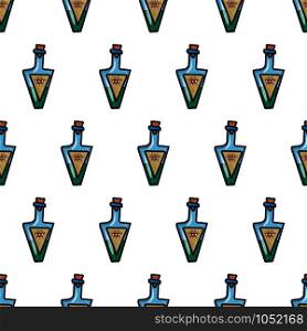 Vintage seamless pattern with triangle poison bottle for wallpaper design, fabric, wrapping paper. Halloween party. Hand drawn vector doodle chemistry.. Vintage seamless pattern with triangle poison bottle