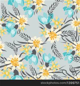 Vintage Seamless pattern with tulips flowers. Hand drawing blue illustration with wild floral for fashion ,fabric, and all prints on pastel background colors. Vector. Vintage Seamless pattern vector with flowers. Hand drawing illustration