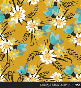 Vintage Seamless pattern with tulips flowers. Hand drawing illustration with wild floral for fashion ,fabric, and all prints on pastel background colors. Vector. Vintage Seamless pattern vector with flowers. Hand drawing illustration
