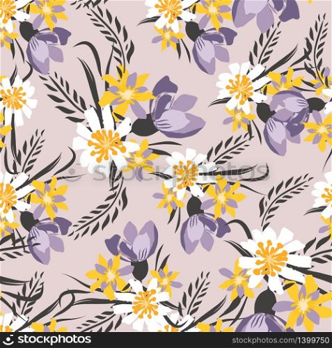 Vintage Seamless pattern with tulips flowers. Hand drawing violet illustration with wild floral for fashion ,fabric, and all prints on pastel background colors. Vector. Vintage Seamless pattern vector with flowers. Hand drawing illustration