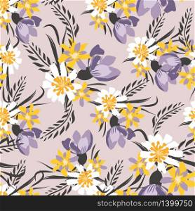 Vintage Seamless pattern with tulips flowers. Hand drawing violet illustration with wild floral for fashion ,fabric, and all prints on pastel background colors. Vector. Vintage Seamless pattern vector with flowers. Hand drawing illustration