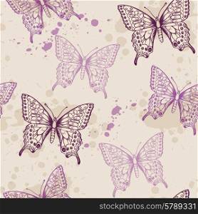 Vintage seamless pattern with violet butterflies and blots