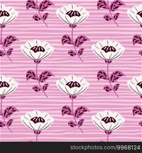 Vintage seamless pattern with white doodle folk flowers ornament. Pink striped background. Perfect for fabric design, textile print, wrapping, cover. Vector illustration.. Vintage seamless pattern with white doodle folk flowers ornament. Pink striped background.