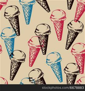 Vintage seamless patterns with ice cream. Hand drawn vector background