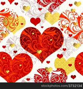 Vintage seamless valentine pattern with gold and lacy red hearts (vector EPS 10)