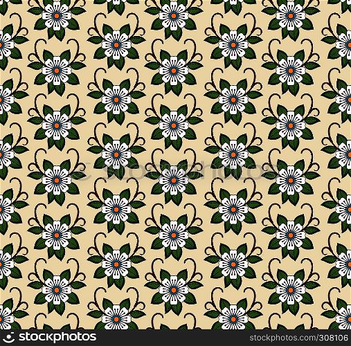 Vintage seamless vector floral pattern. Flowers on yellow background. Vintage floral pattern