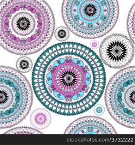 Vintage seamless white pattern with colorful lacy circles (vector)